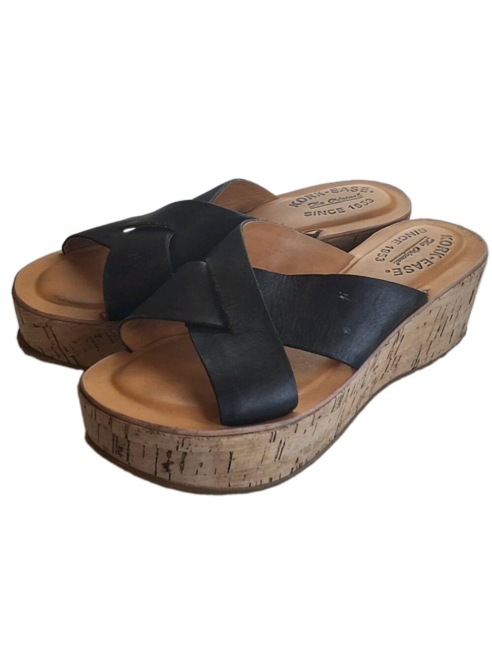 KORK EASE Black Crisscross Slide Platform Wedge Sandals Natural Boho Women's 6M